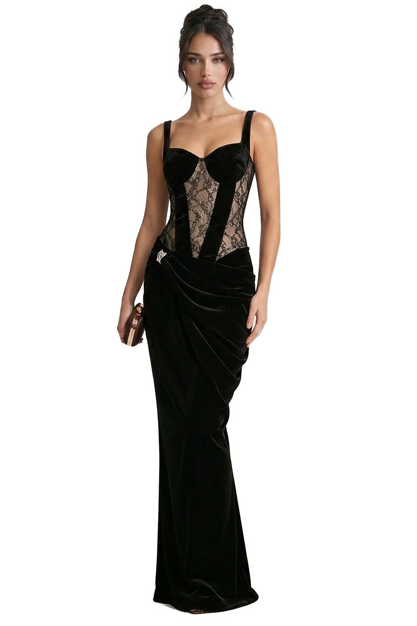 Aria Velvet Mermaid Gown With Lace Corset Bodice And Side Cutout - Black