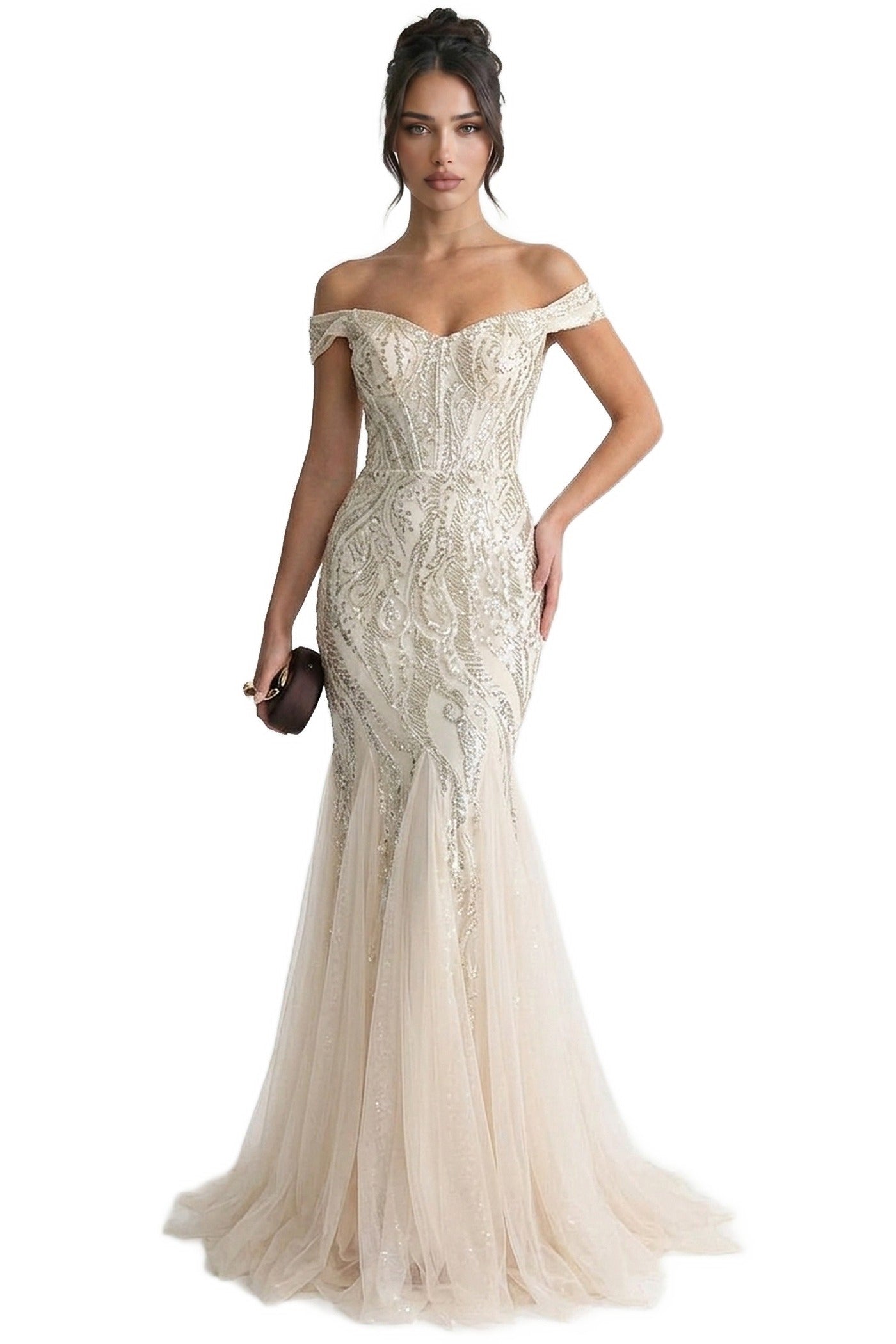 Auréliane Off-Shoulder Beaded Mermaid Gown With Scrollwork Embroidery - Ivoire