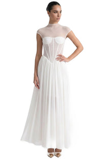 Joséphine Cap-Sleeve Gown With Sheer Corset Bodice And Gathered Maxi Skirt - White