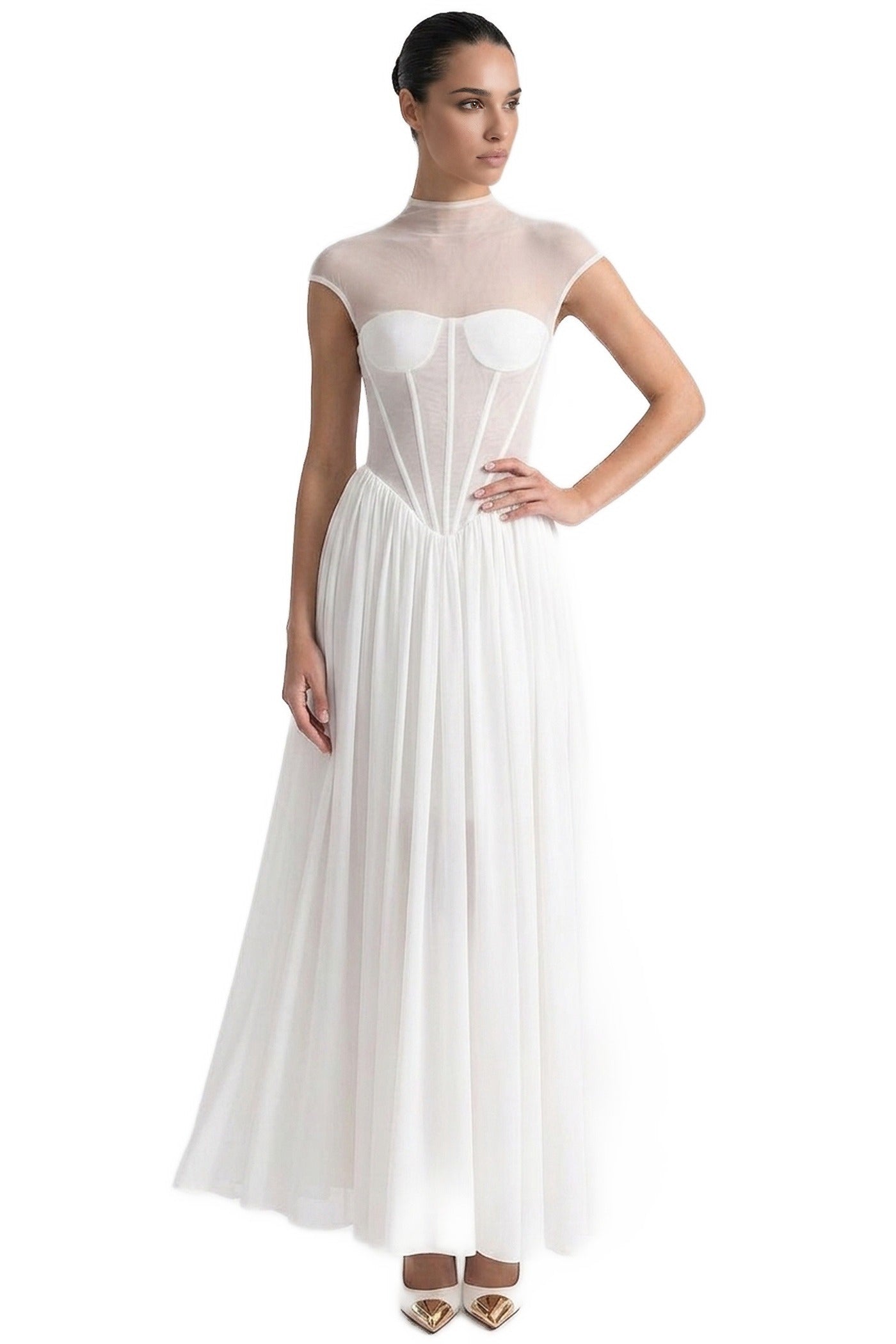 Joséphine Cap-Sleeve Gown With Sheer Corset Bodice And Gathered Maxi Skirt - White