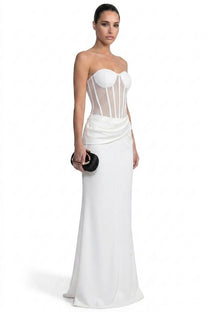 Christelle Strapless Gown With Sheer Boned Corset And Draped Skirt - White