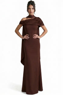 Ambrine Satin Column Gown With Draped Shoulder Wrap And High Neck - Brown