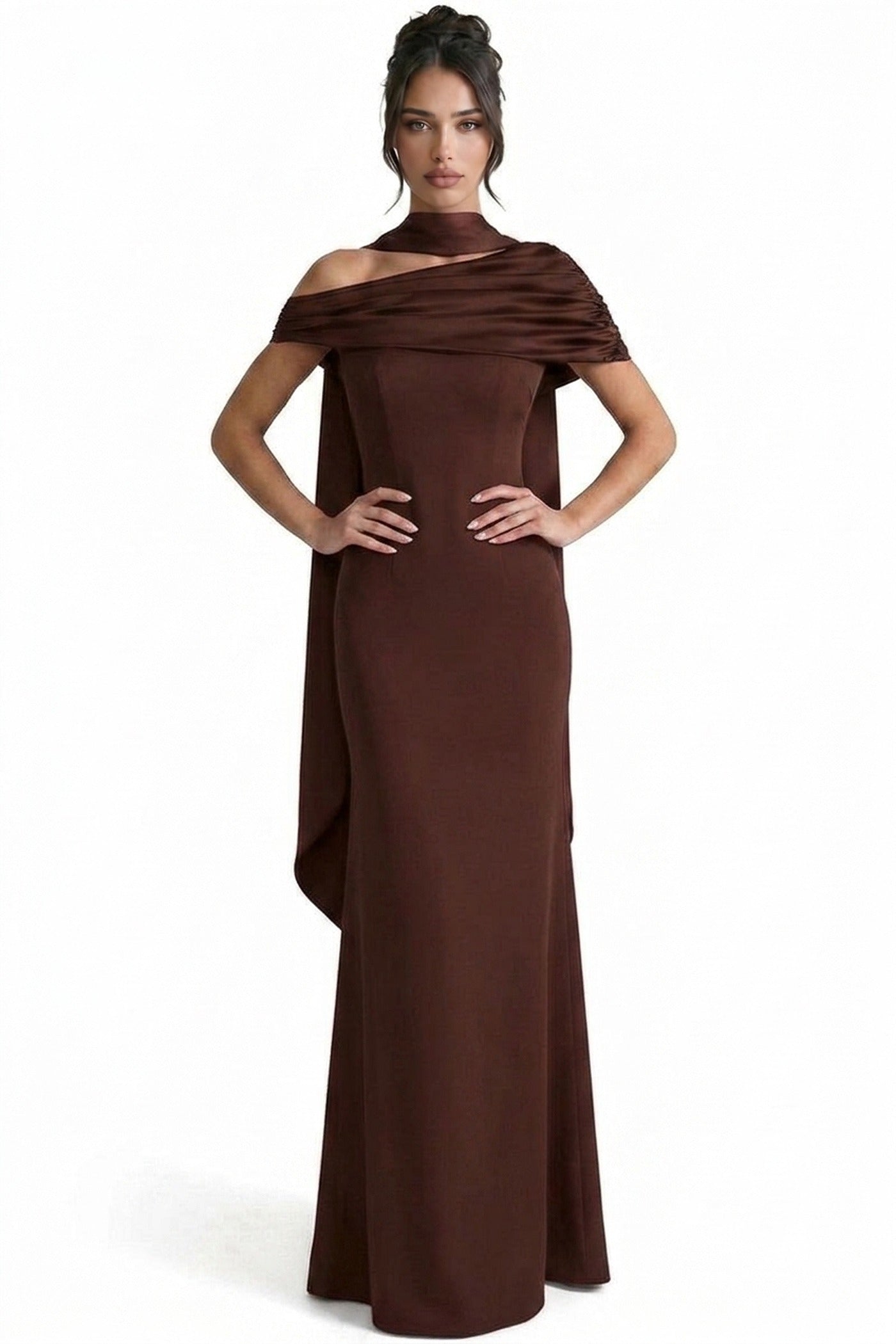 Ambrine Satin Column Gown With Draped Shoulder Wrap And High Neck - Brown