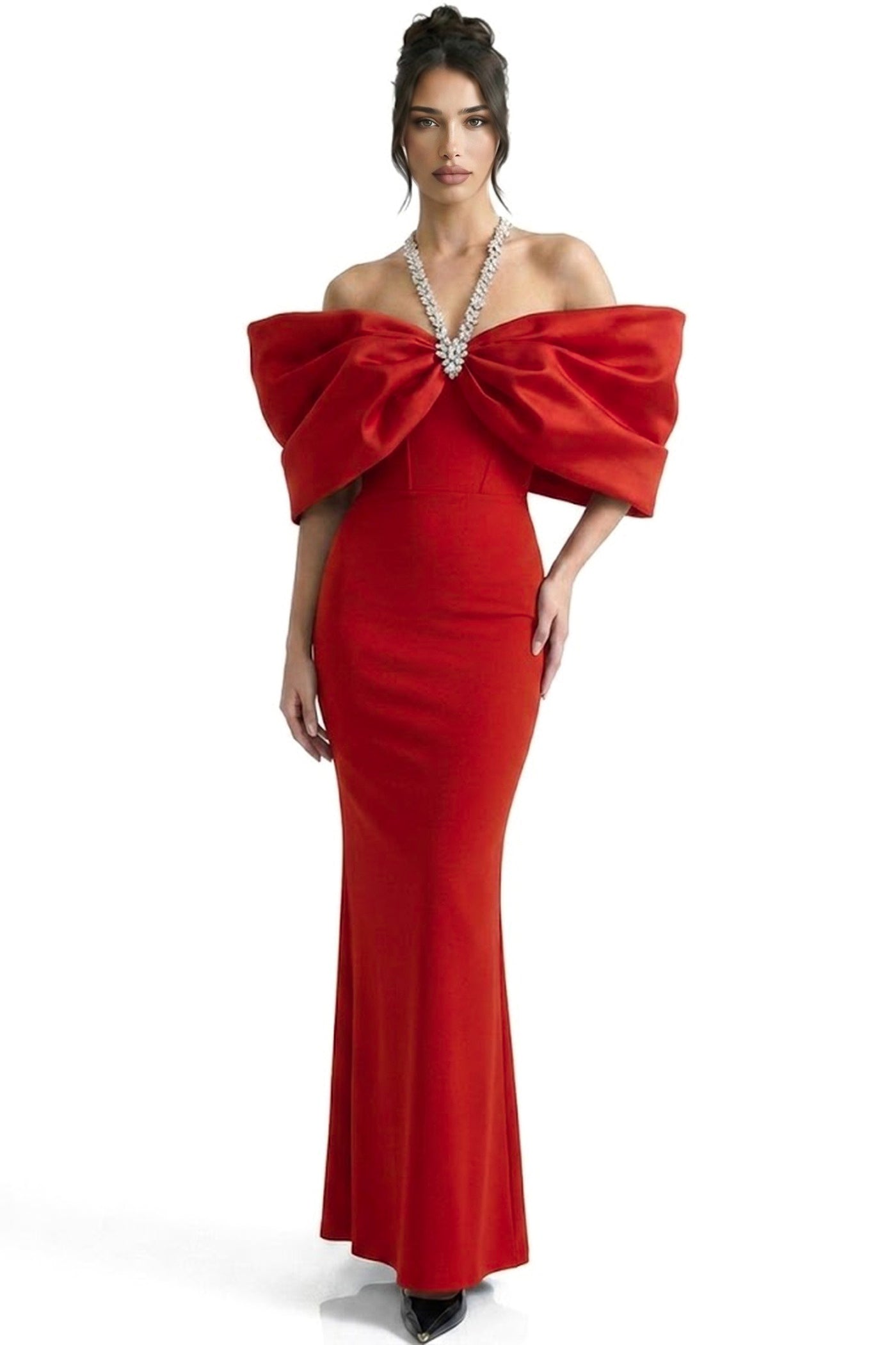Viviane Off-Shoulder Draped Maxi Dress With Crystal Straps - Red