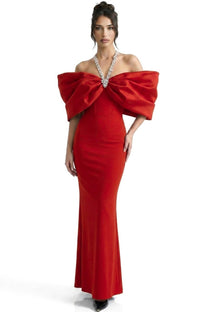 Viviane Off-Shoulder Draped Maxi Dress With Crystal Straps - Red