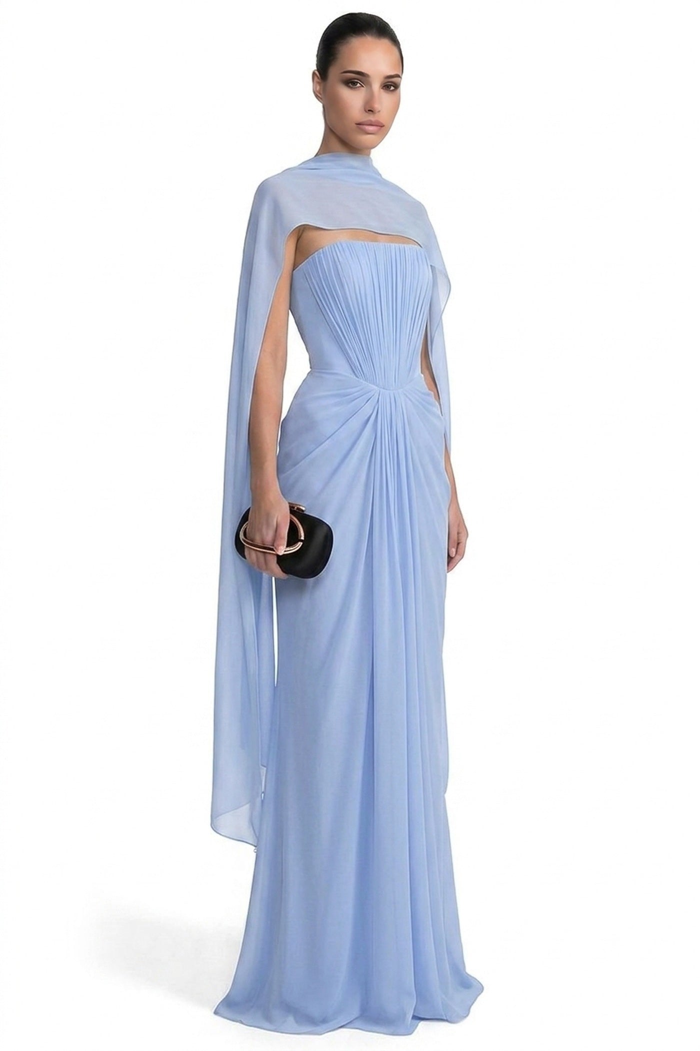 Azuria Strapless Pleated Gown With Draped Chiffon Cape - Light Blue