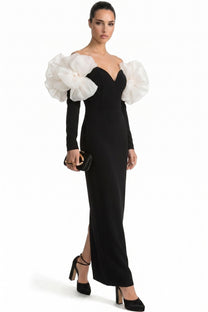 Edmonde Strapless Column Gown With Oversized Floral Shoulder Wrap - Black