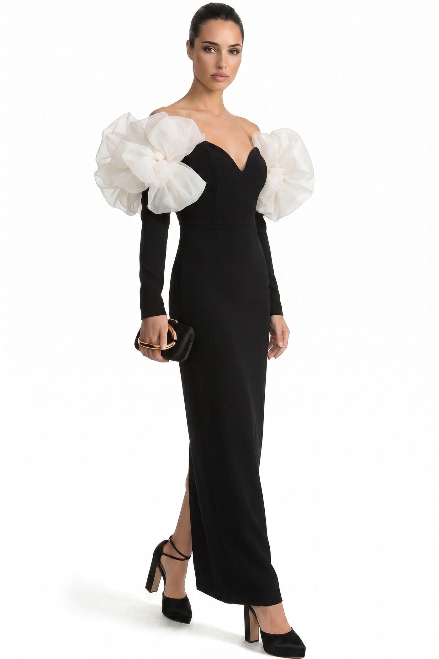 Edmonde Strapless Column Gown With Oversized Floral Shoulder Wrap - Black