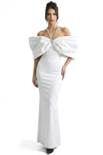 Viviane Off-Shoulder Draped Maxi Dress With Crystal Straps - White