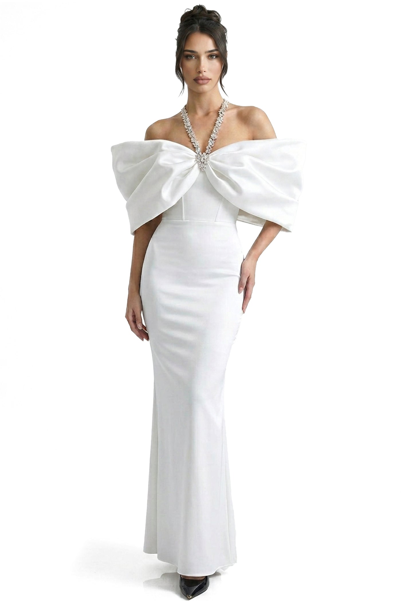 Viviane Off-Shoulder Draped Maxi Dress With Crystal Straps - White
