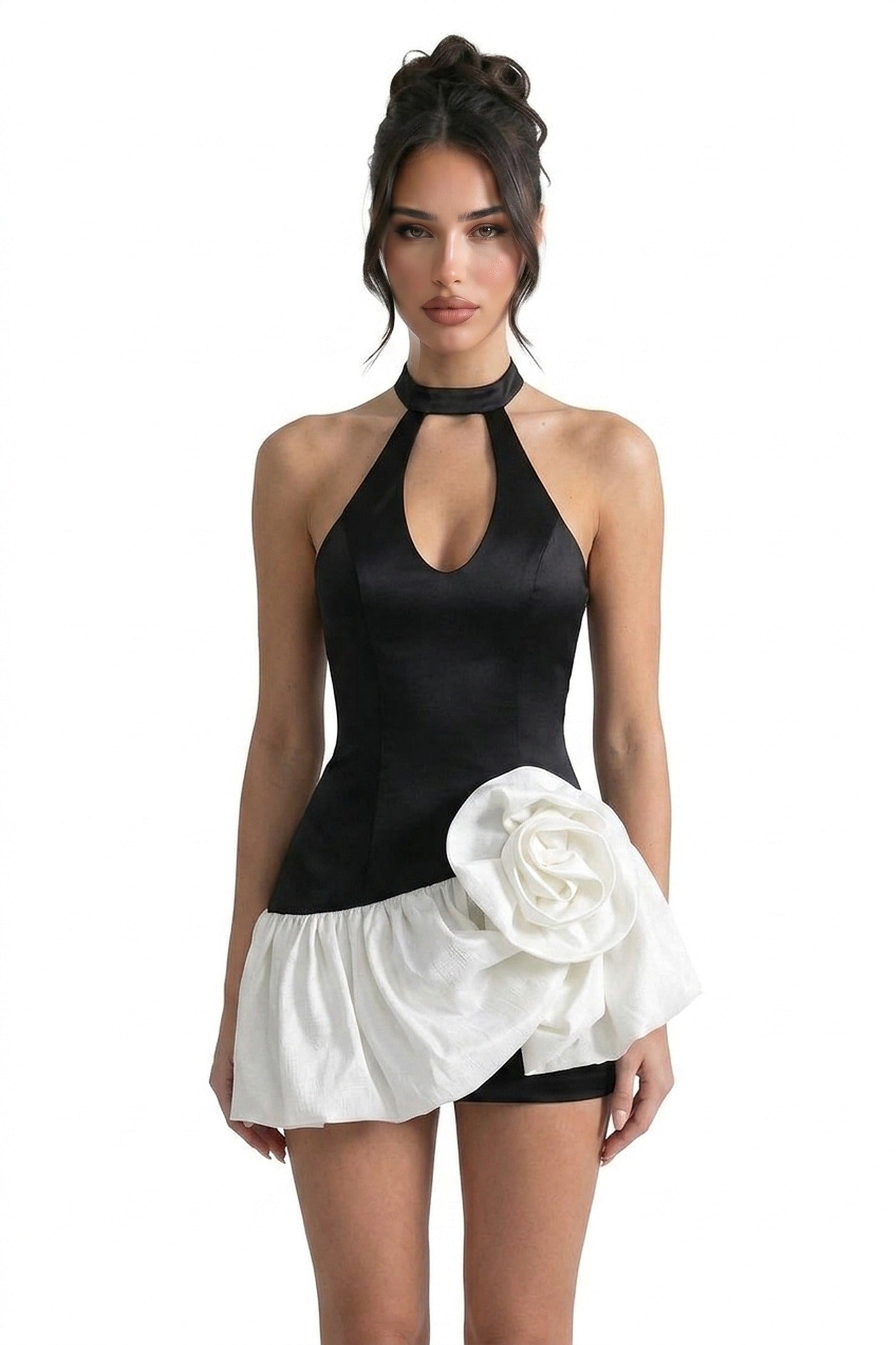 Zélie Halter Neck Mini Dress With Keyhole Cutout And 3D Rose Skirt - Black