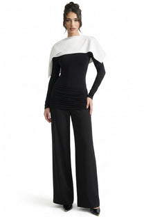 Avelyne Contrast Cape Top With Ruched Waist Detailing - Black/White