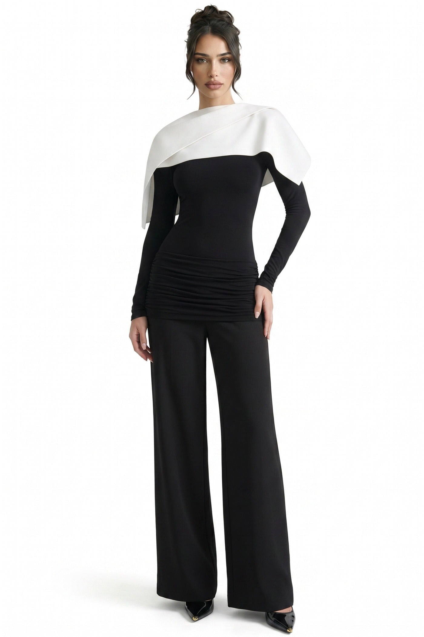 Avelyne Contrast Cape Top With Ruched Waist Detailing - Black/White