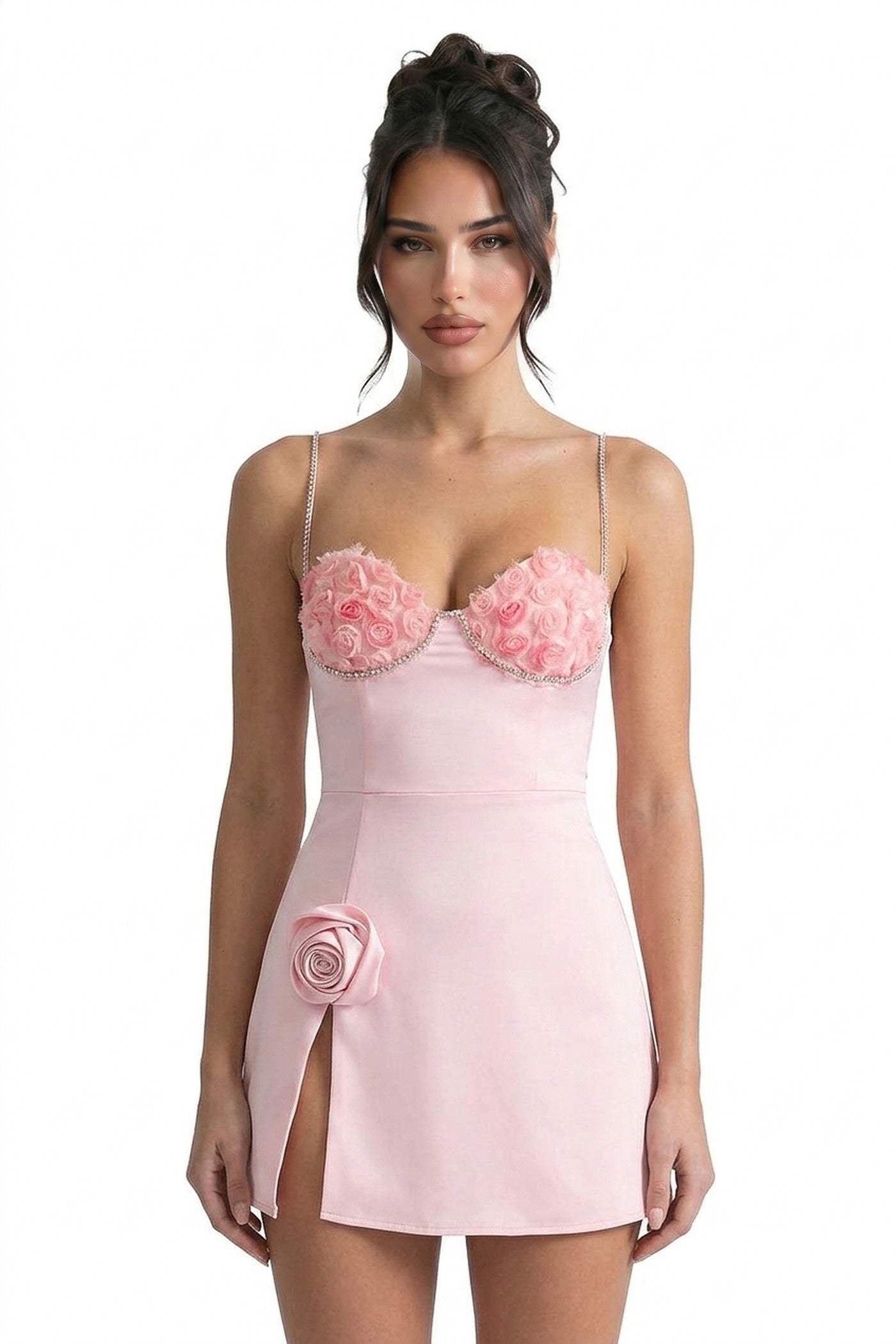 Jolie Mini Dress With 3D Rose Cups And Crystal Straps And Side Slit - Pink