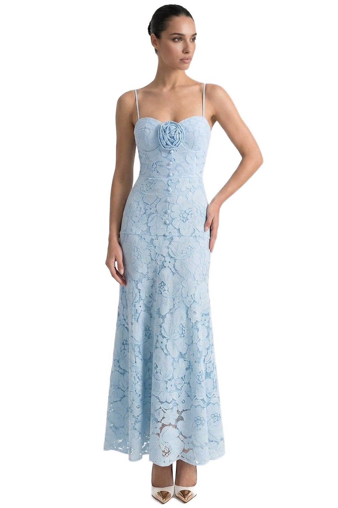 Iris Lace Midi Dress With Sweetheart Corset And 3D Rose Detail - Blue