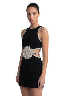 Emille Mini Dress With Crystal Flower Waist And Diamond-Trim Straps - Black