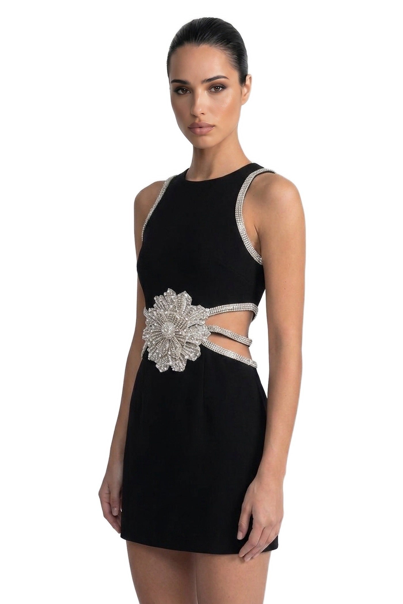 Emille Mini Dress With Crystal Flower Waist And Diamond-Trim Straps - Black