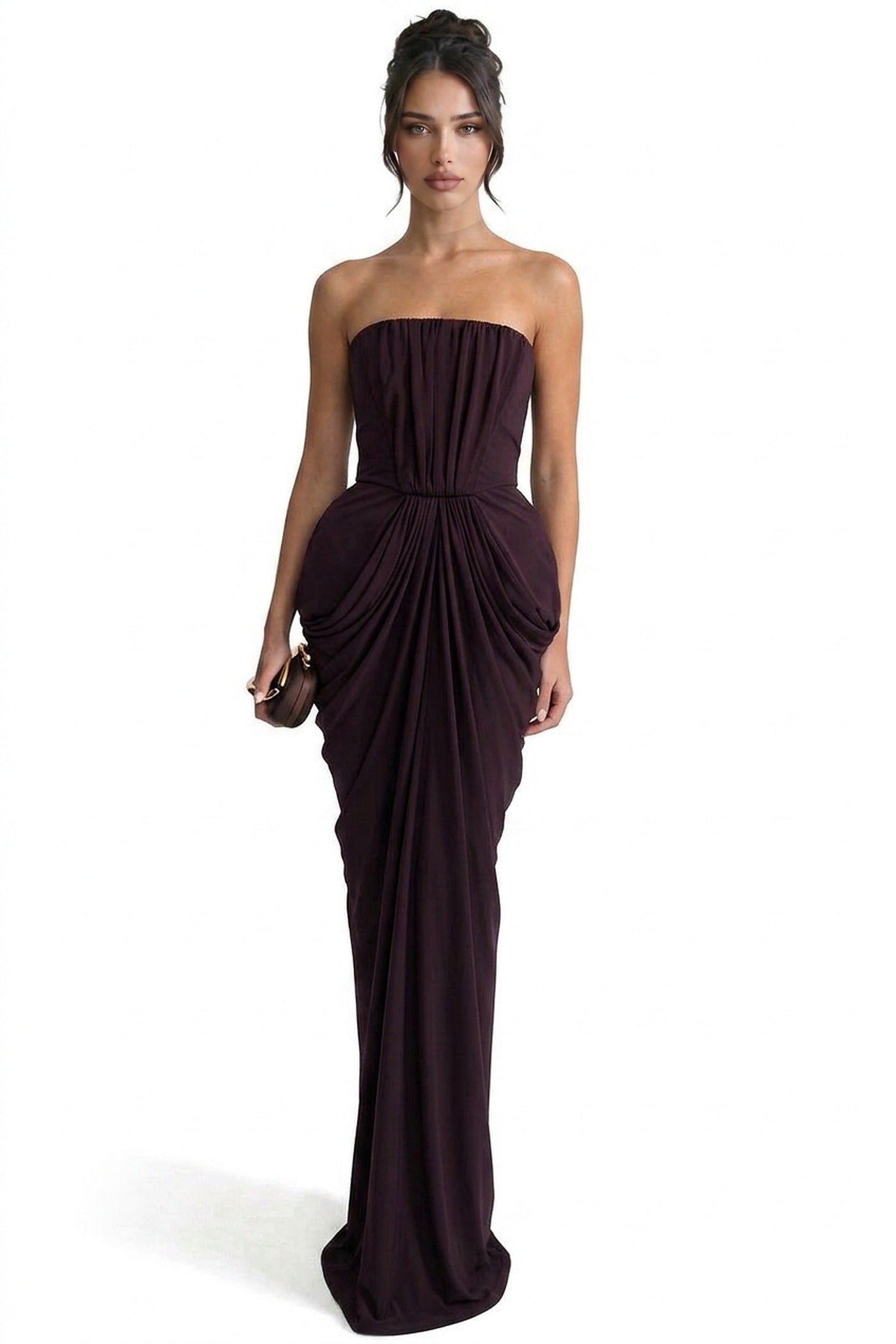Arabelle Draped Strapless Gown With Ruched Waist Detail - Coffee