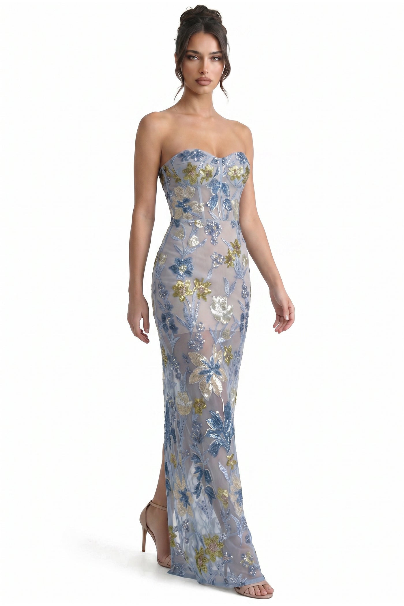 Herminie Strapless Floral Sequin Maxi Dress With Column Silhouette - Light Blue