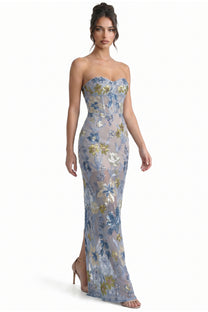 Herminie Strapless Floral Sequin Maxi Dress With Column Silhouette - Light Blue