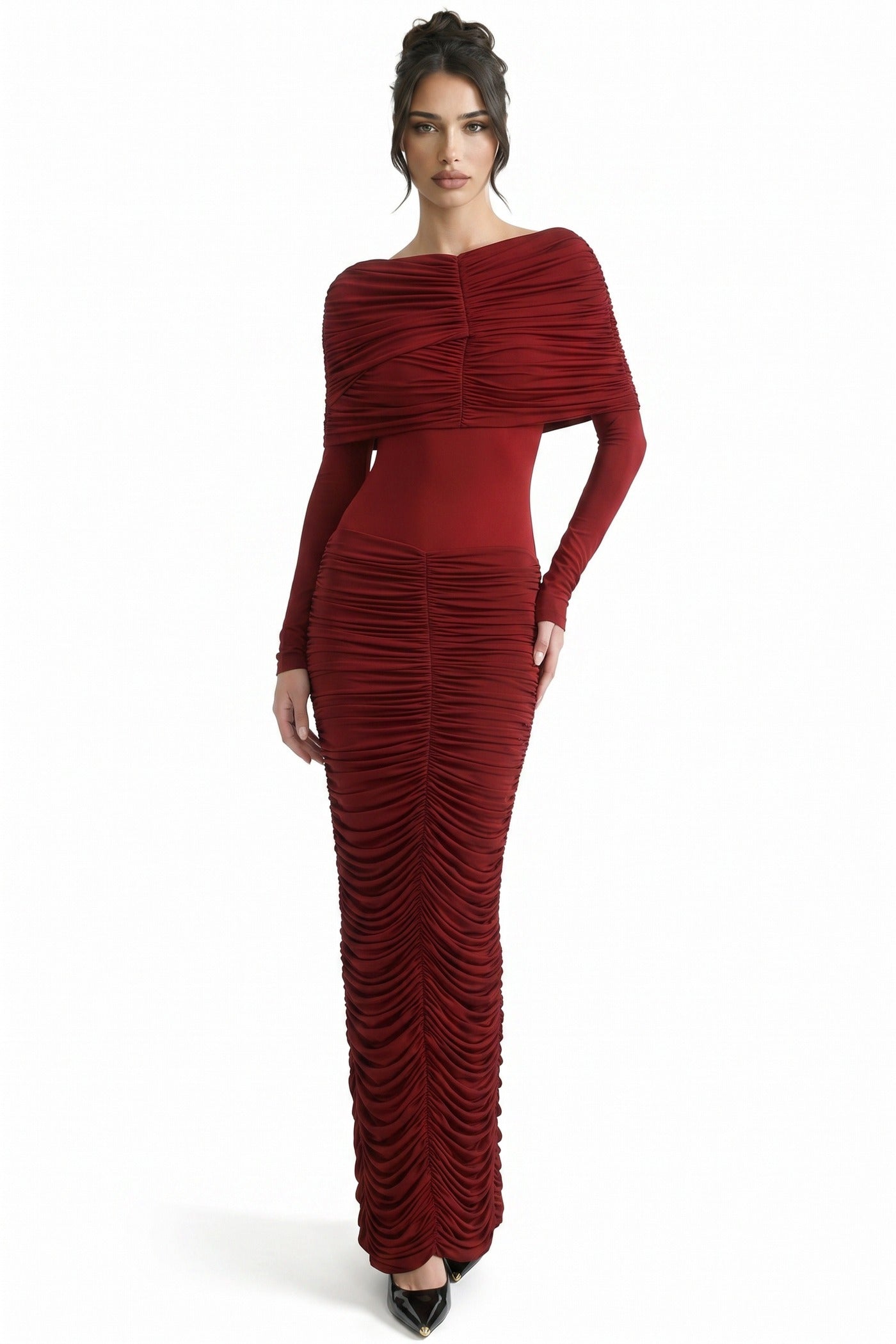 Edmée All-Over Ruched Maxi Dress With Short Sleeves - Red
