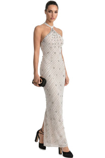 Violaine Halter Neck Crystal-Embellished Mermaid Gown With Back Slit - Beige