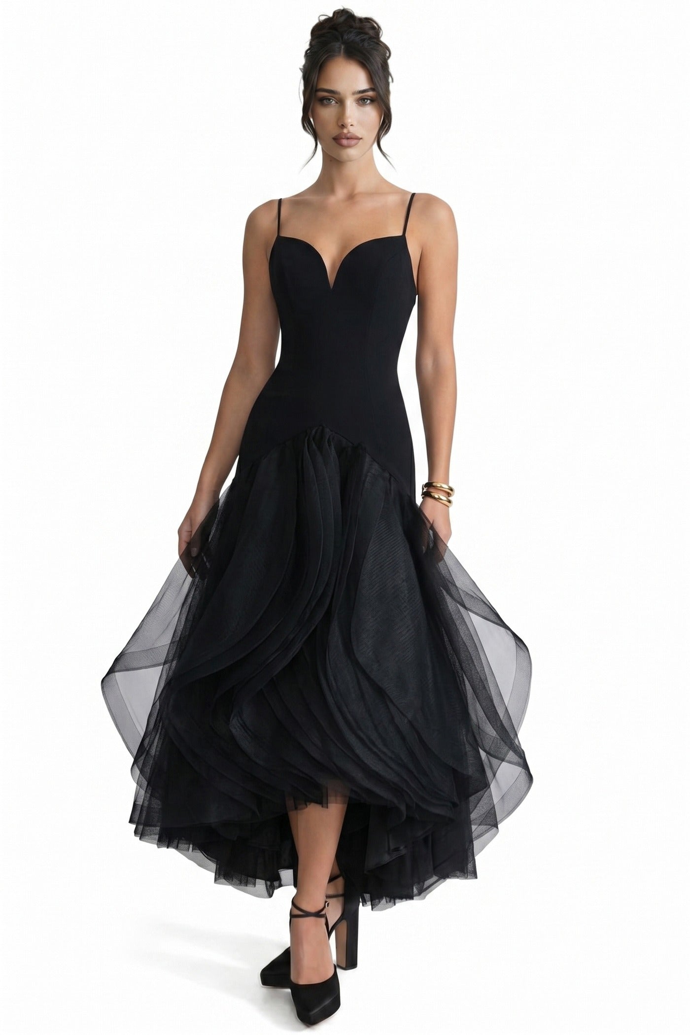 Gisèle Spaghetti-Strap Velvet Ballgown With Voluminous Tulle Skirt - Black