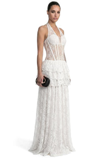 Mélanthe Lace Halter Gown With Sheer Corset And Tiered Ruffle Peplum - White
