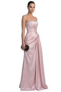 Rosalde Strapless Satin Gown With Crystal Trim And Diagonal Ruched Drape - Pink