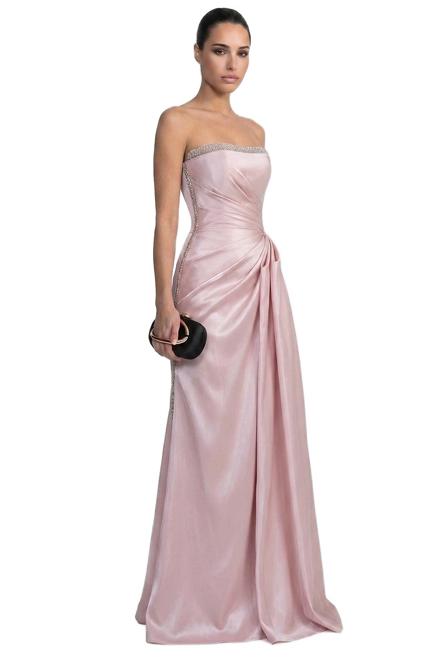 Rosalde Strapless Satin Gown With Crystal Trim And Diagonal Ruched Drape - Pink