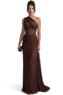 Séraphine One-Shoulder Lace Gown With Sheer Corset Bodice - Brown