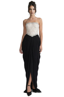 Sidonie Strapless Gown With Crystal Lace Corset And Pleated Draped Skirt - White