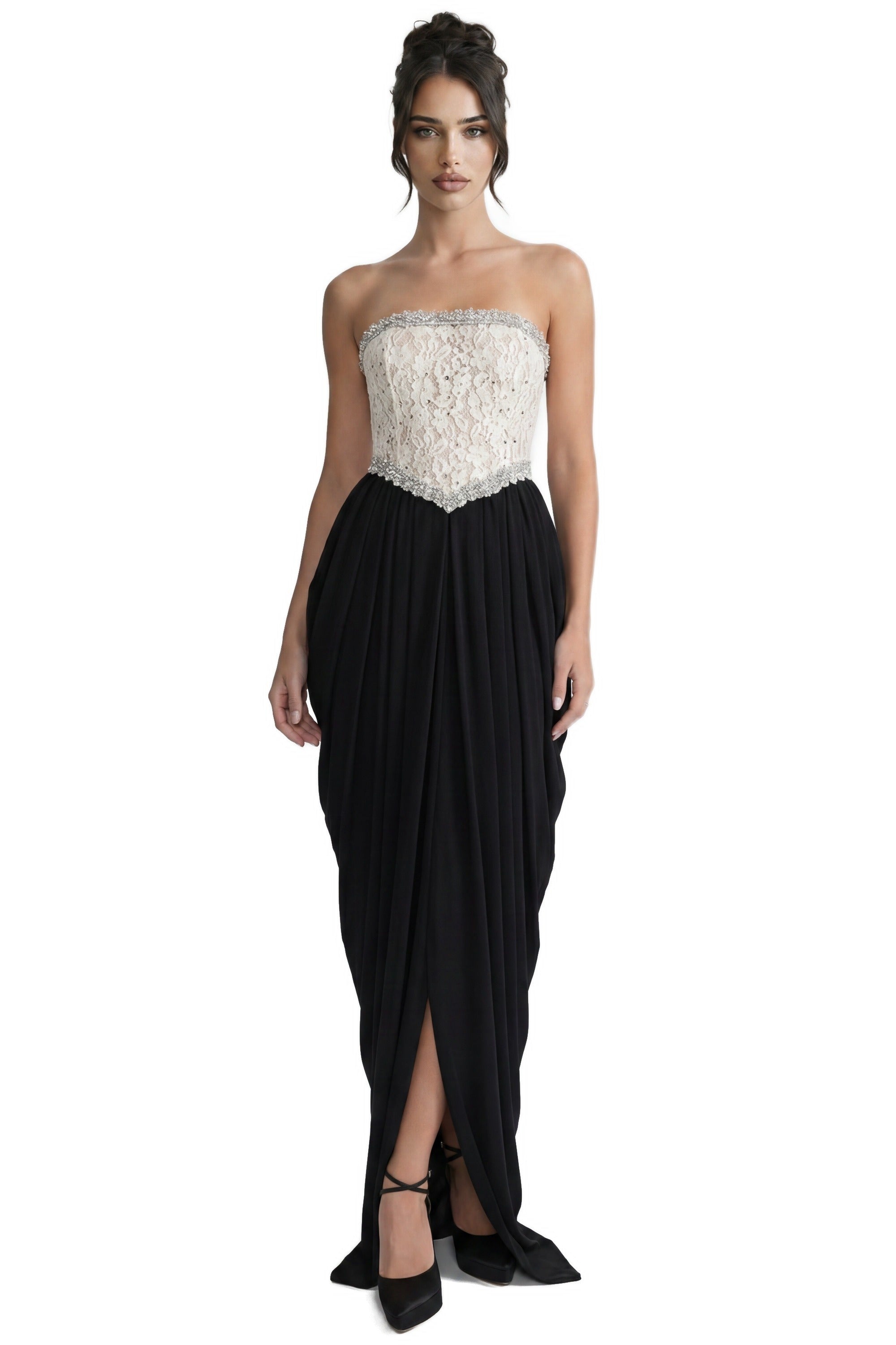 Sidonie Strapless Gown With Crystal Lace Corset And Pleated Draped Skirt - White