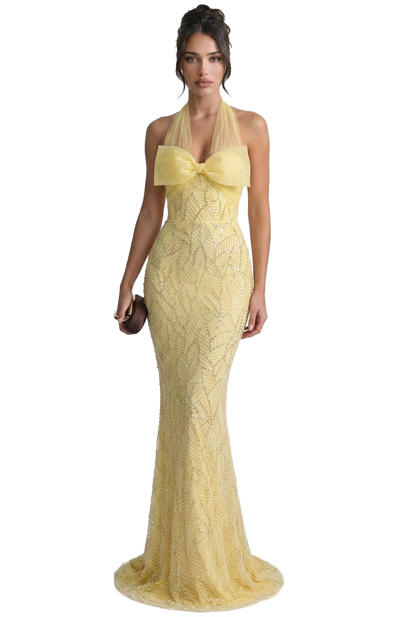 Ophélie Sequin Mermaid Gown With Tulle Halter Neck And Bow Detail - Yellow
