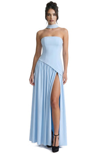 Yolène Strapless Ruched Maxi Dress With Draped Side Slit - Light Bue