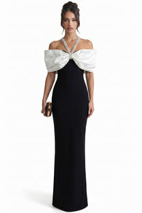 Viviane Off-Shoulder Draped Maxi Dress With Crystal Straps - Black/White
