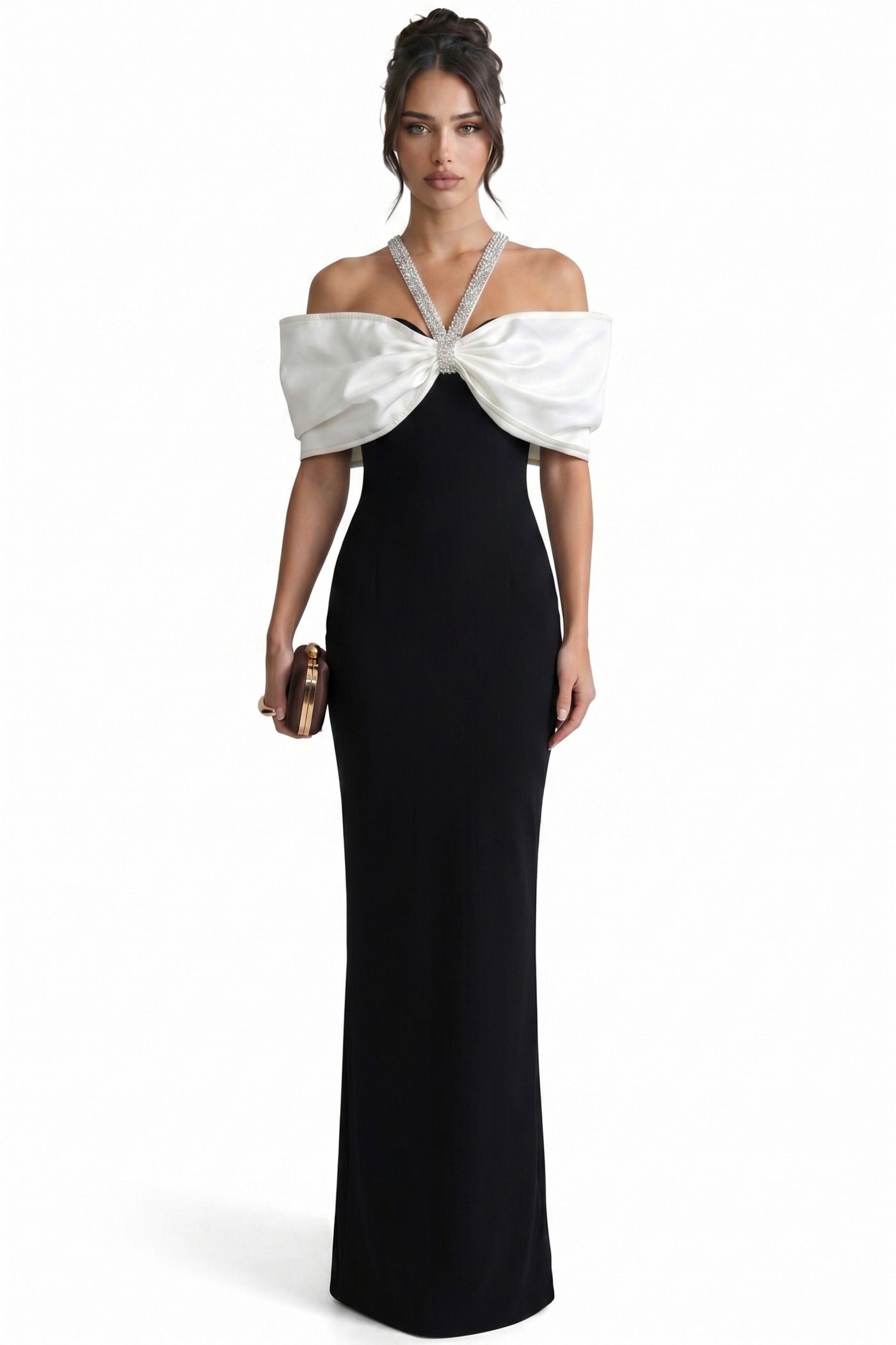 Viviane Off-Shoulder Draped Maxi Dress With Crystal Straps - Black/White