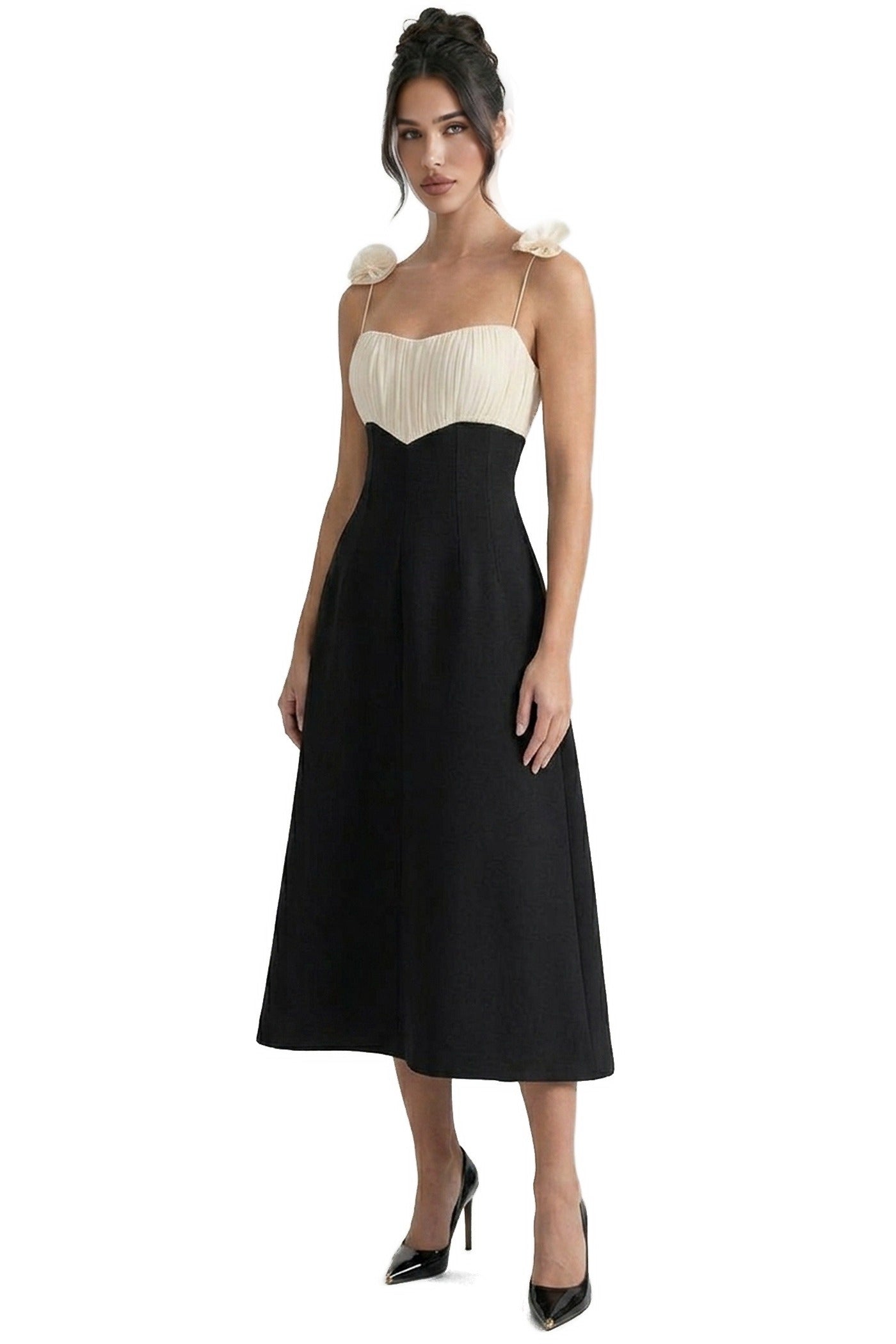 Isabeau Contrast Corset Midi Dress With Ruched Bodice And Floral Strap Detail - Black
