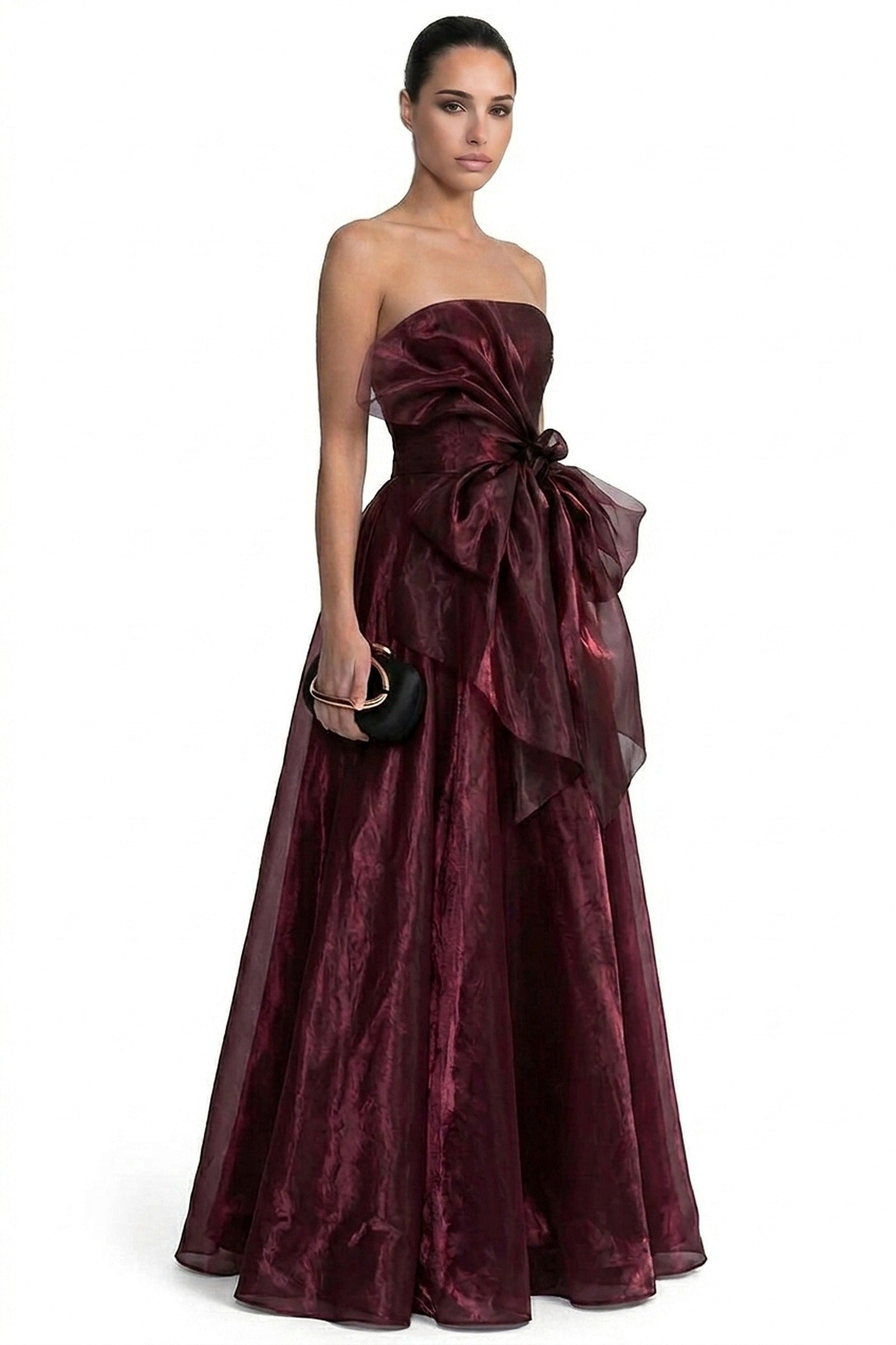 Hyacinthe Strapless Organza Ballgown With Oversized Side Bow - Wine