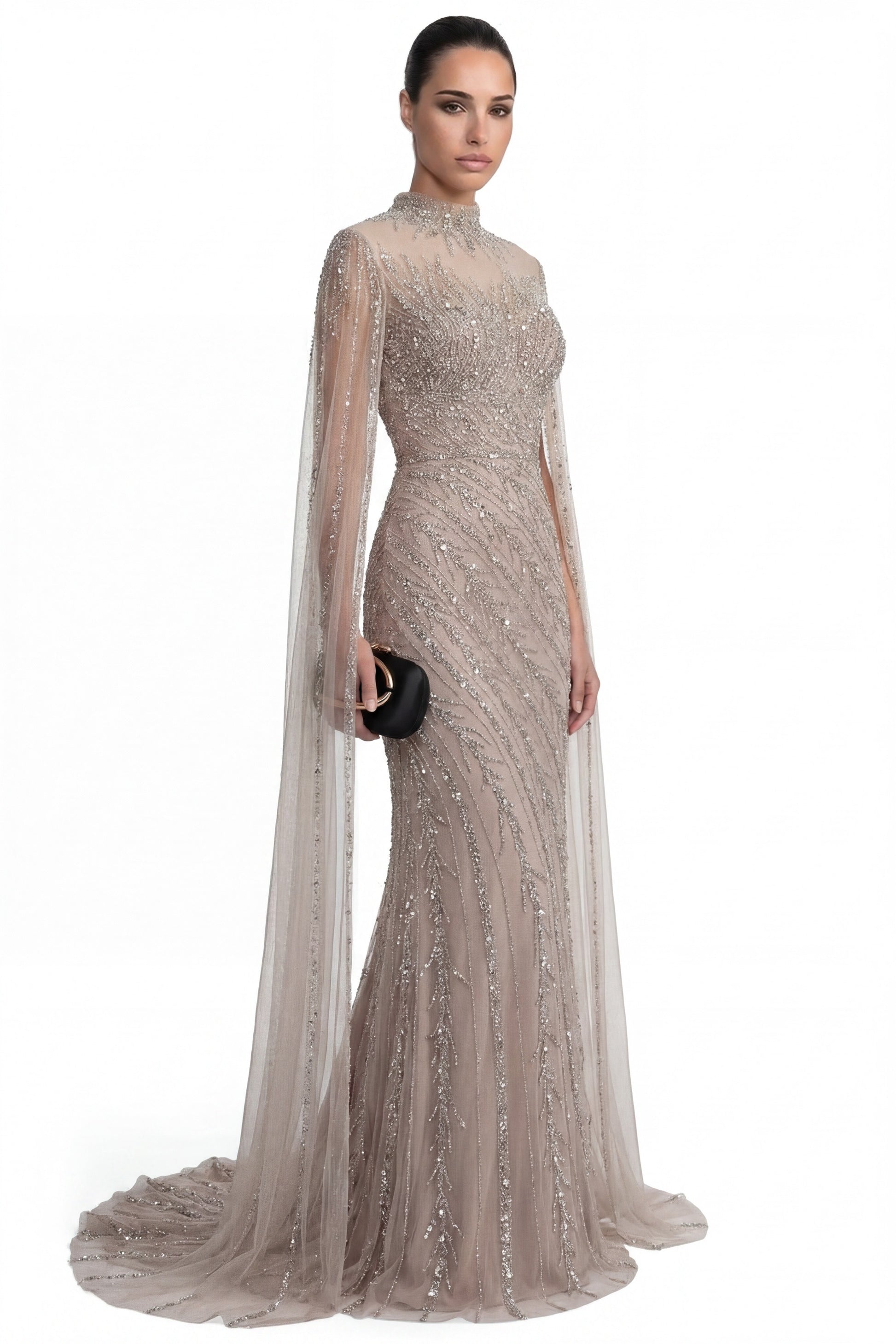 Lumière Embellished Long Sleeve Maxi Dress With Sheer Veil Sleeves - Beige