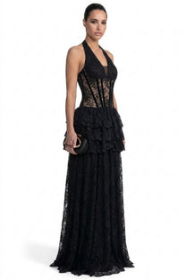 Mélanthe Lace Halter Gown With Sheer Corset And Tiered Ruffle Peplum - Black
