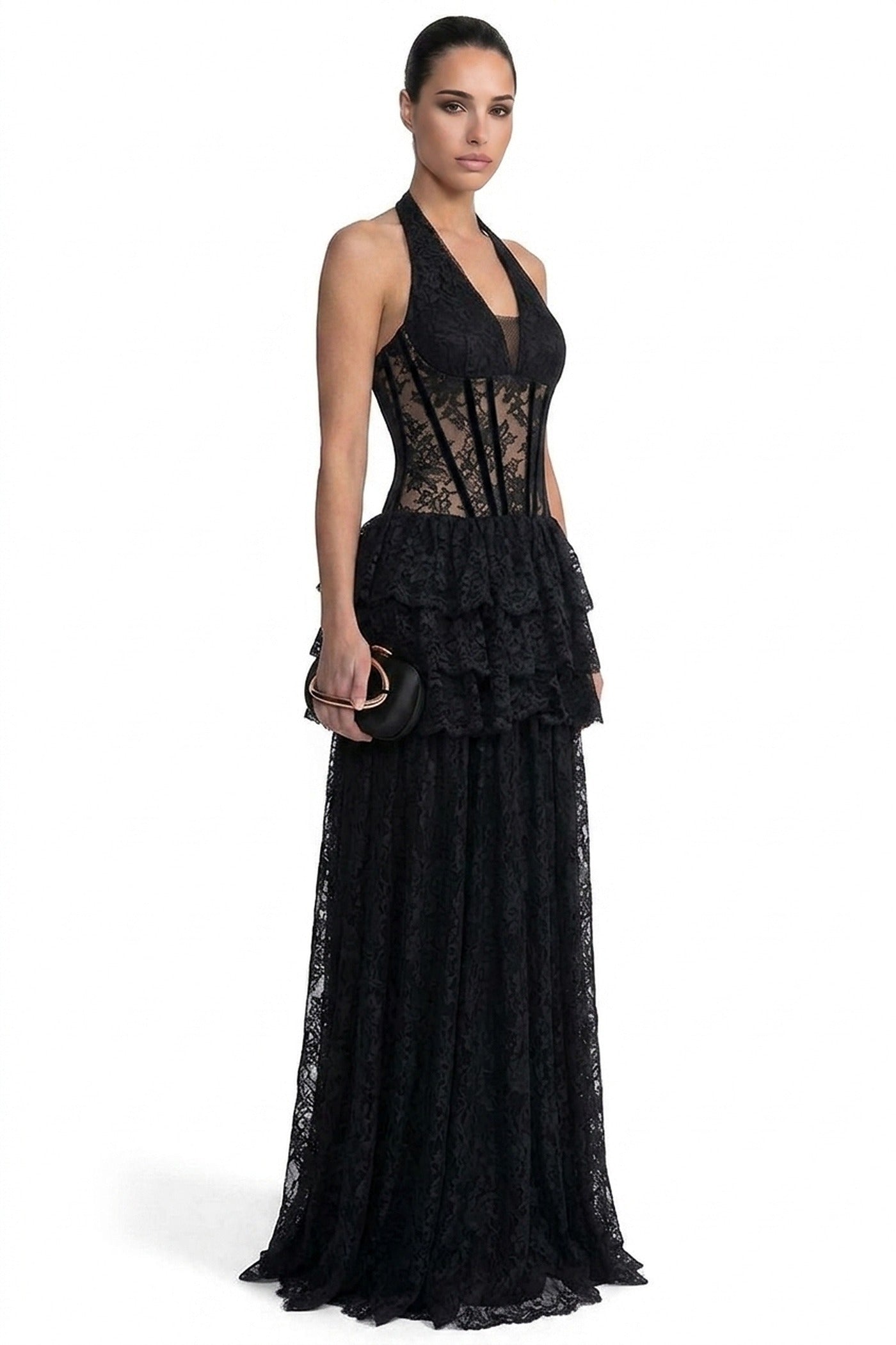 Mélanthe Lace Halter Gown With Sheer Corset And Tiered Ruffle Peplum - Black