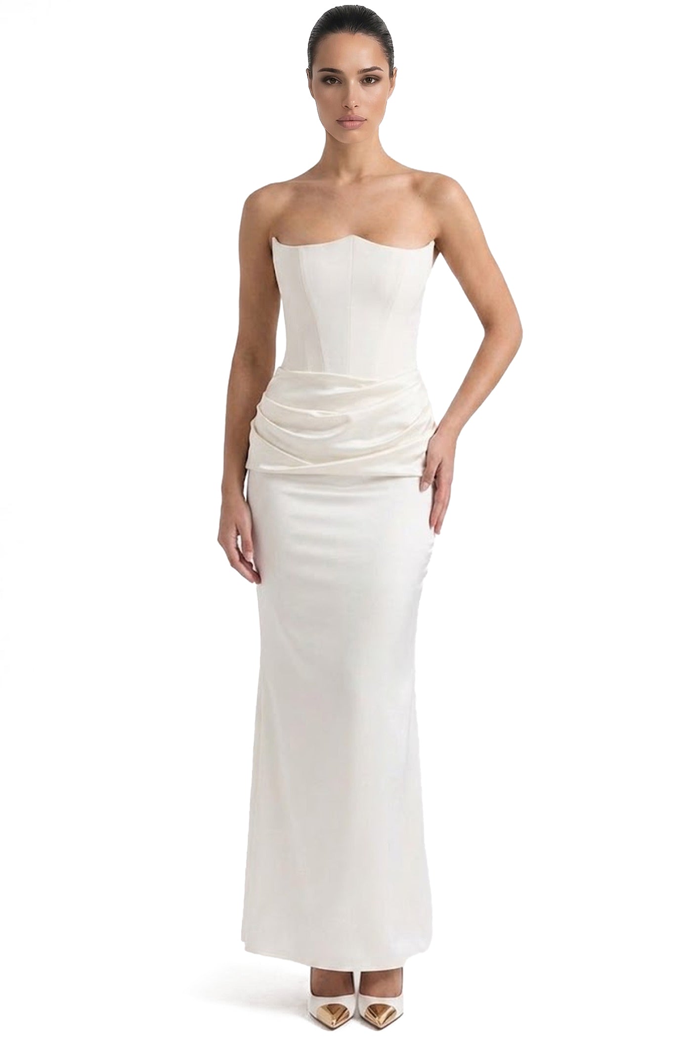 Isadora Strapless Corset Maxi Dress With Ruched Waist - White