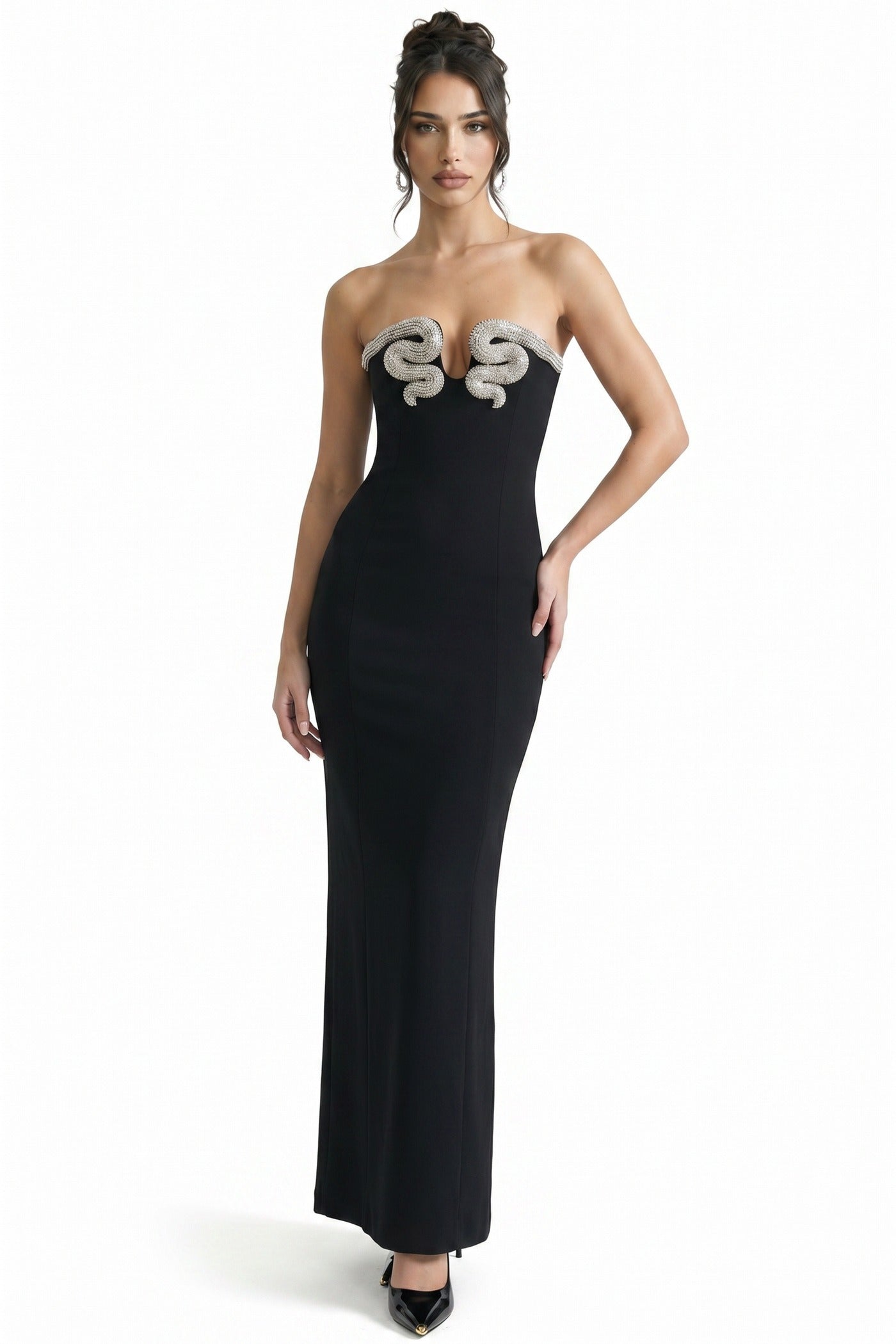 Lysiane Strapless Column Gown With 3D Snake Bust Detail - Black