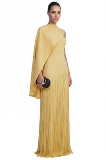 Madeleine Fringe Skirt Maxi Dress With Detachable Cape-Sleeve - Yellow