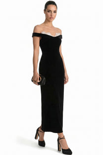 Doriane Off-Shoulder Maxi Dress With Short Sleeves And Column Skirt - Black