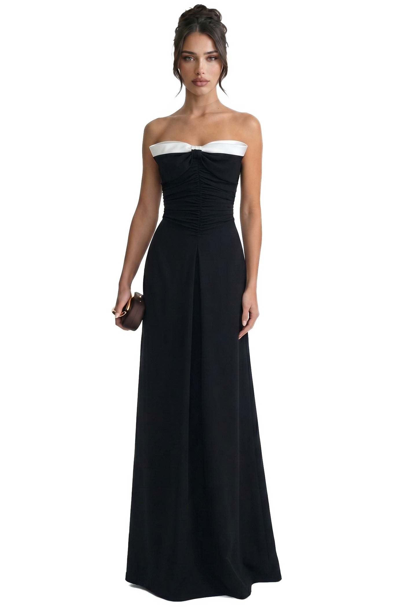 Clémence Strapless Column Gown With Contrast White Neckline Band - Black