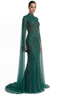 Lumière Embellished Long Sleeve Maxi Dress With Sheer Veil Sleeves - Green