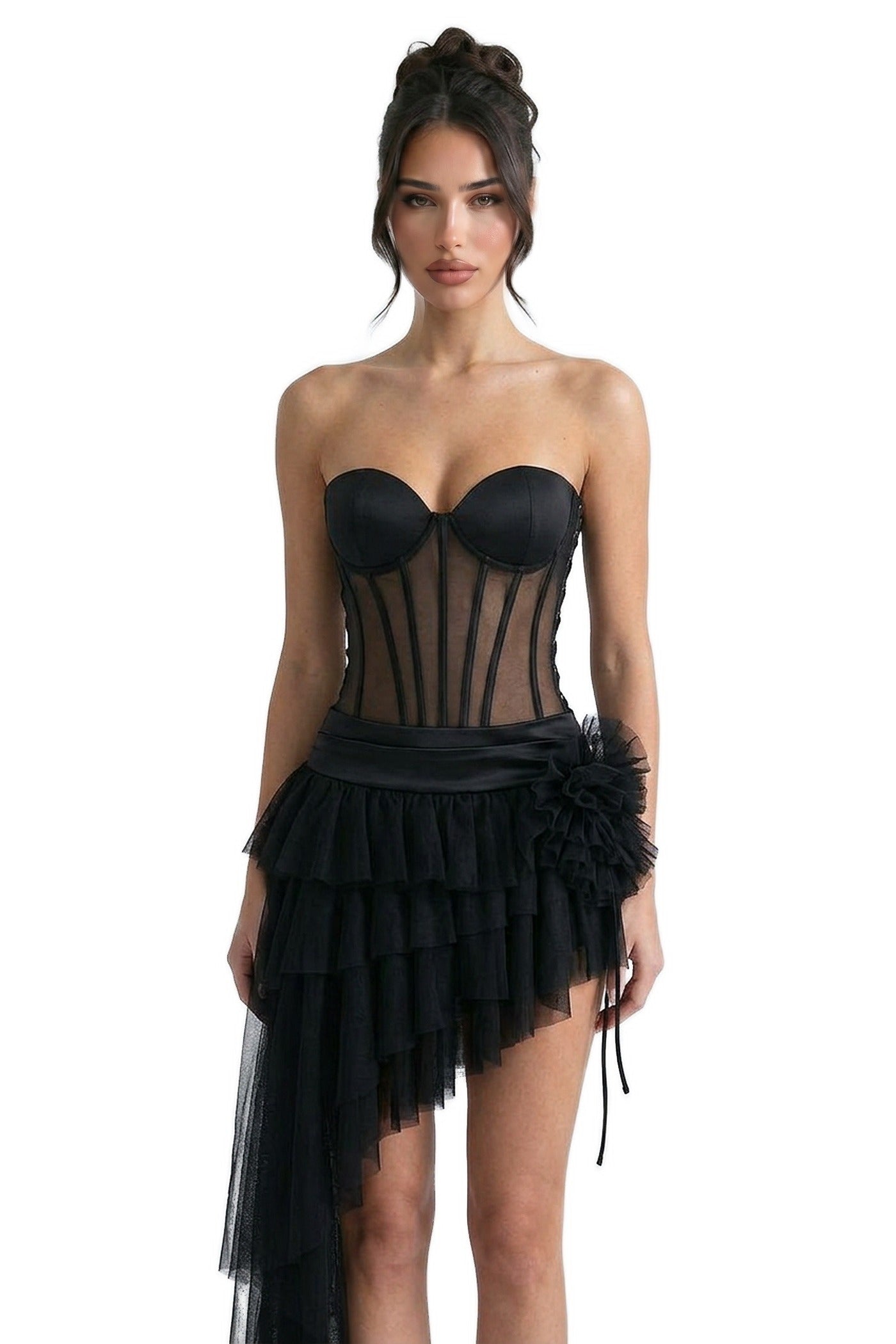 Melanie Strapless Corset Mini Dress With Sheer Boning And Asymmetric Tulle Skirt - Black