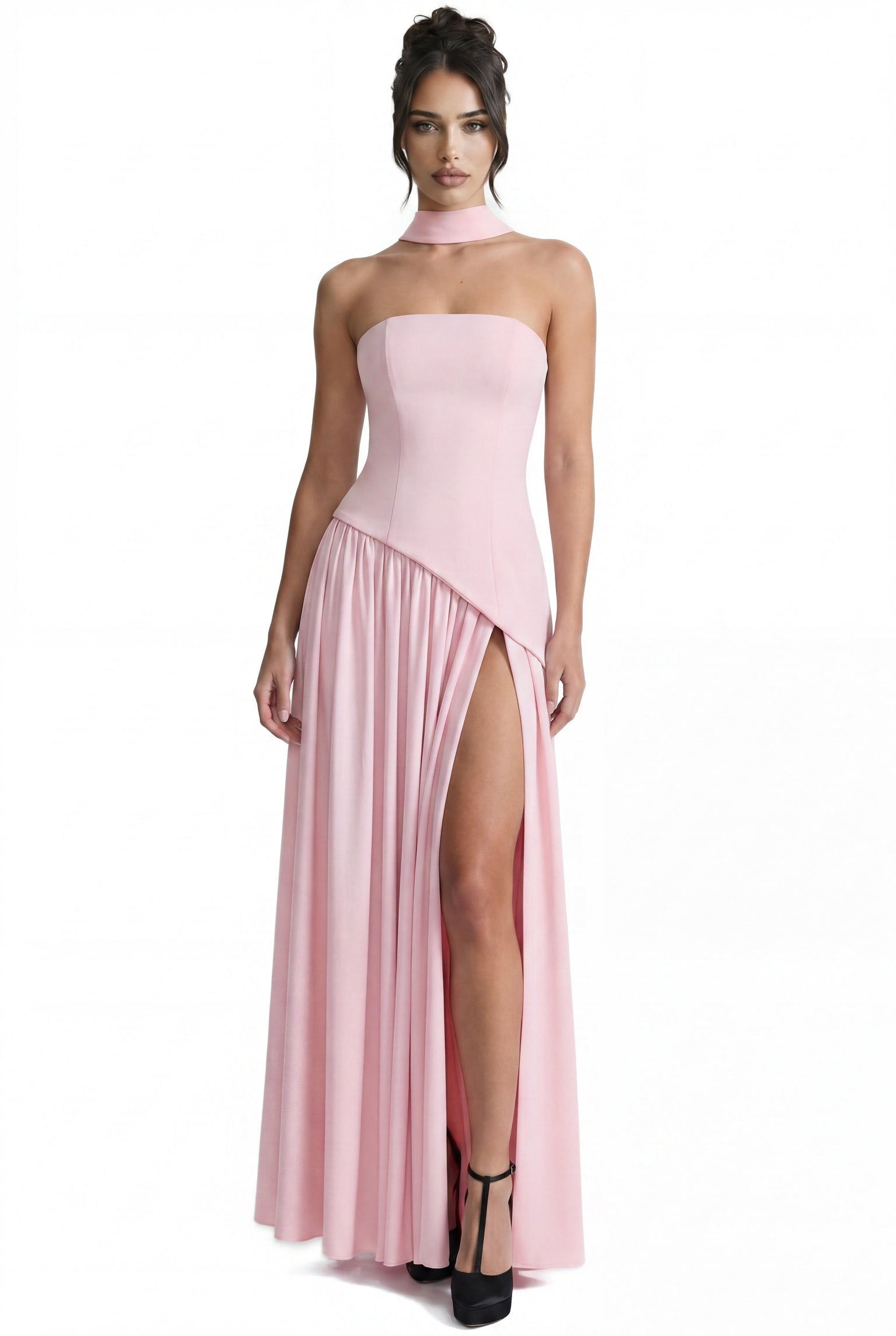 Yolène Strapless Ruched Maxi Dress With Draped Side Slit - Pink